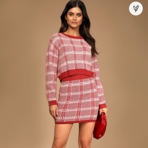 Best Match Rusty Rose Plaid Two-Piece Long Sleeve Sweater Dress